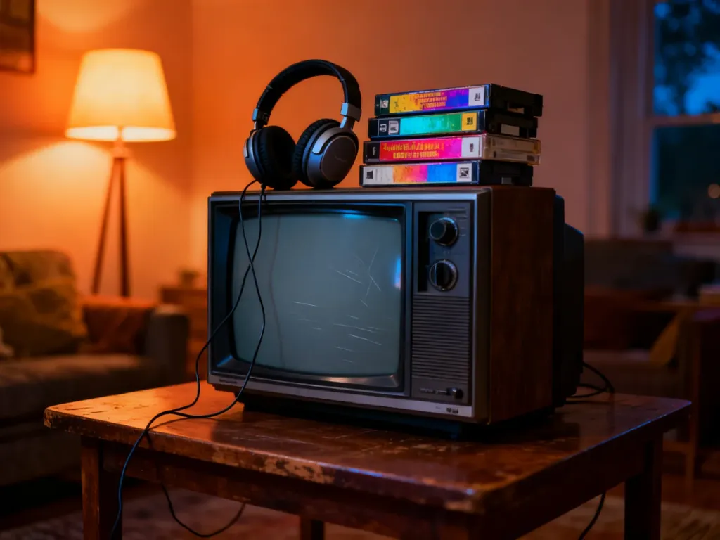 Stary telewizor z kasetami VHS i słuchawkami na drewnianym stole, przywołujący klimat seriali lat 90. w przytulnym wnętrzu.