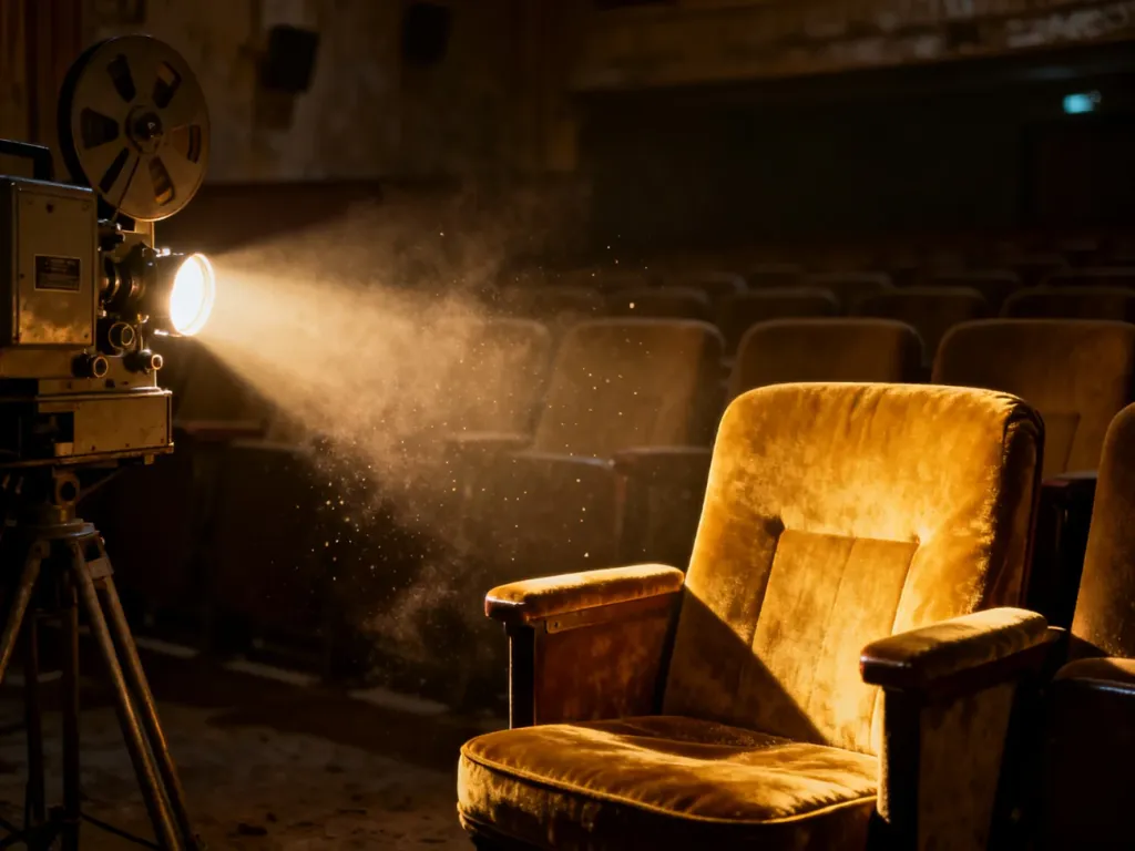 Wnętrze starego kina z projektorem rzucającym snop światła na pusty fotel, tworzące nostalgiczną atmosferę filmową.