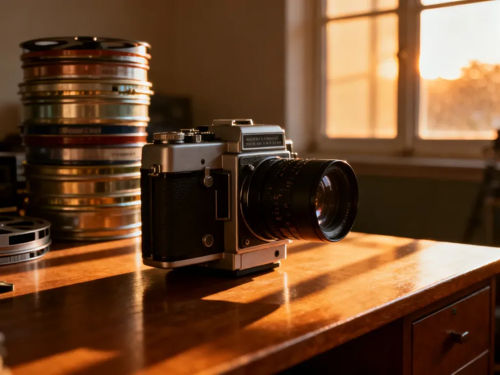 Zabytkowa kamera filmowa na drewnianym biurku w otoczeniu puszek z taśmą filmową, budująca nostalgiczny, kinowy klimat.