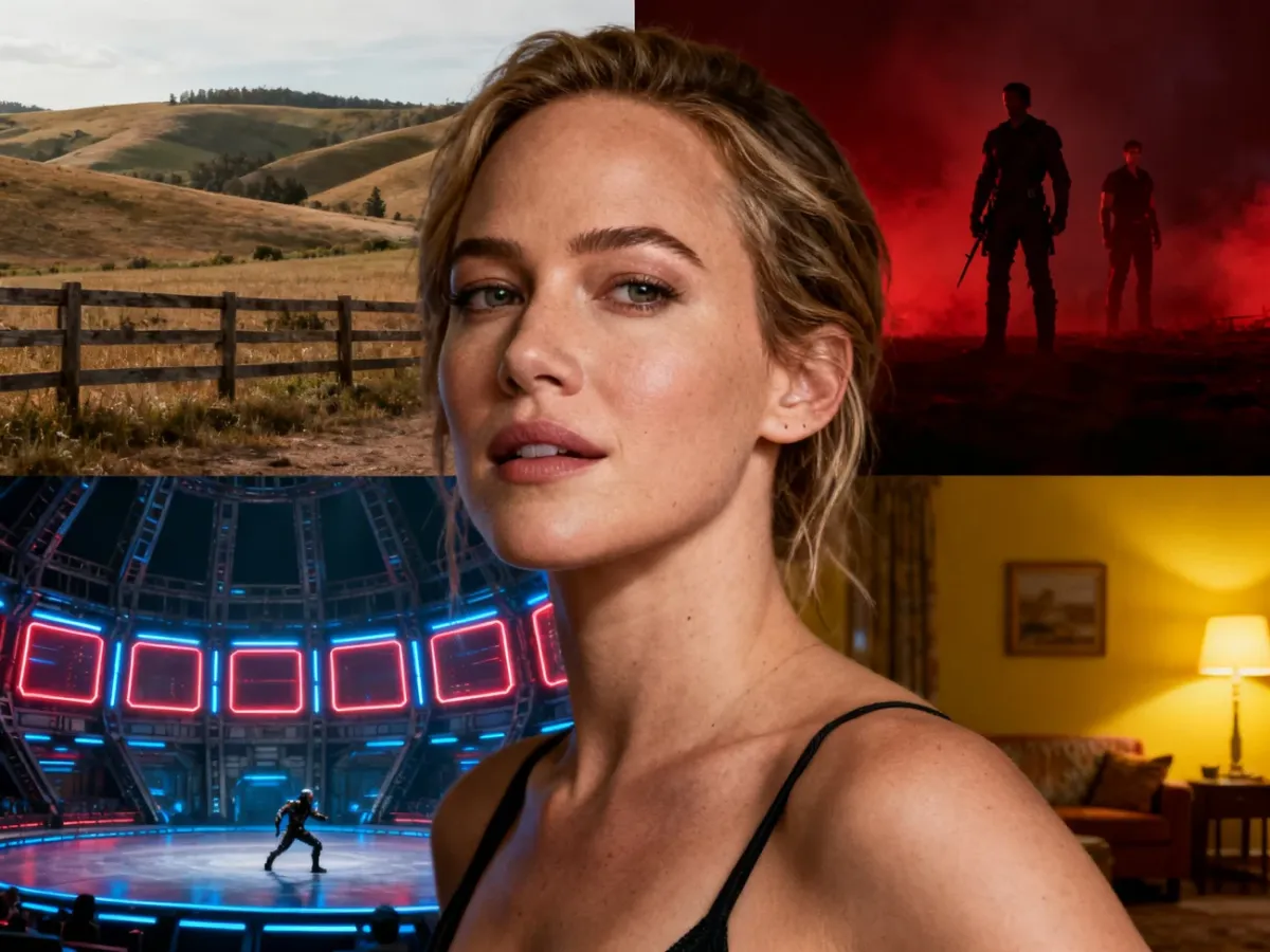 Jennifer Lawrence portrayed against a blend of dramatic, action and comedic cinematic settings