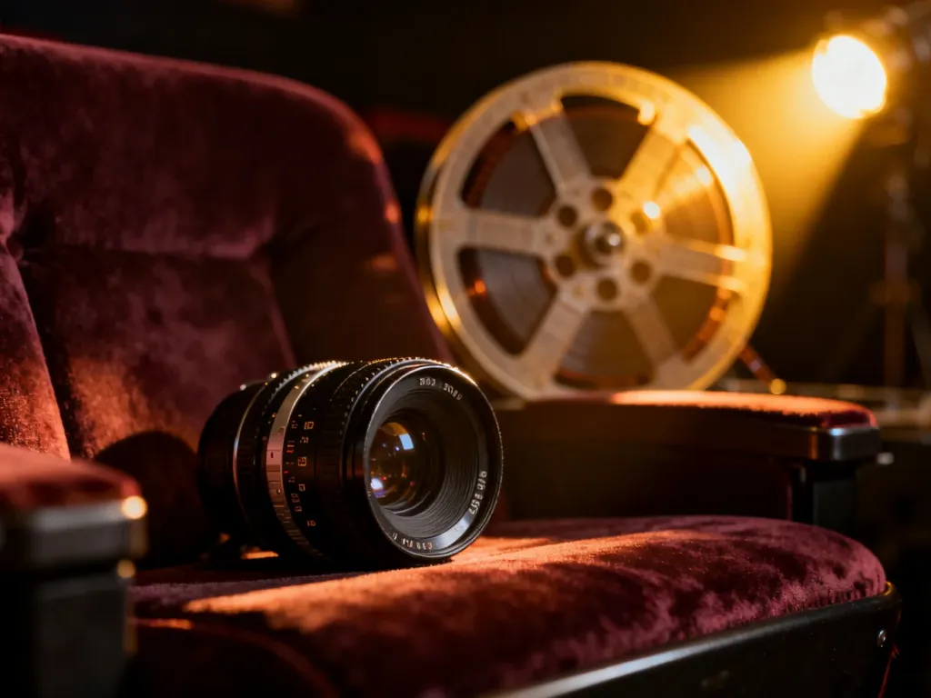 Obiektyw kamery filmowej na aksamitnym fotelu kinowym w otoczeniu rozmytego światła reflektora i szpuli z taśmą filmową.