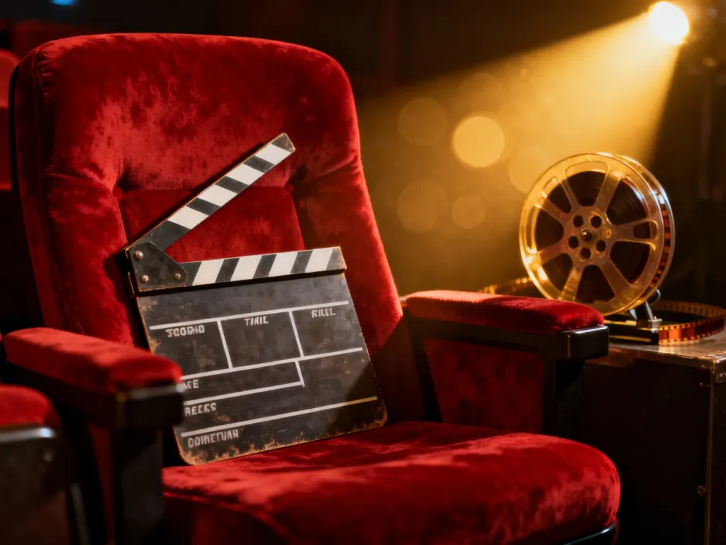 Filmowy klaps na czerwonym fotelu kinowym w otoczeniu taśmy filmowej, budujący nostalgiczny klimat kina.