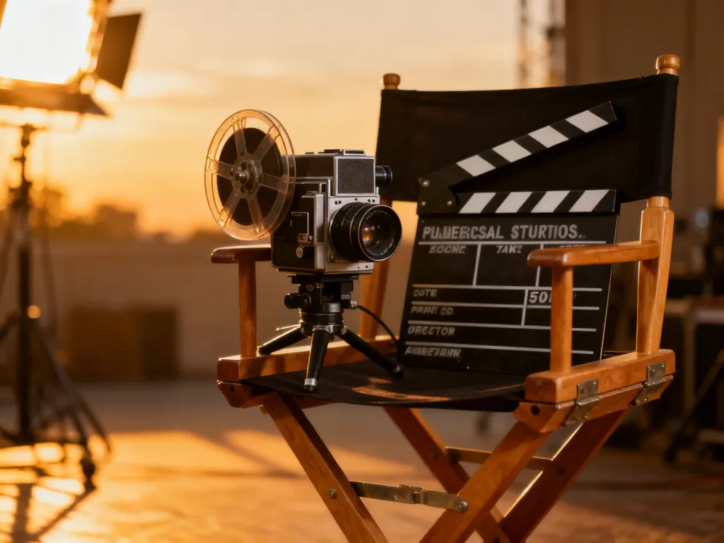 Zabytkowa kamera filmowa i klaps na reżyserskim krześle w ciepłym świetle zachodzącego słońca.