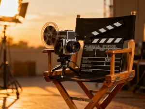 Obiektyw kamery filmowej na aksamitnym fotelu kinowym w ciepłym, hollywoodzkim świetle.