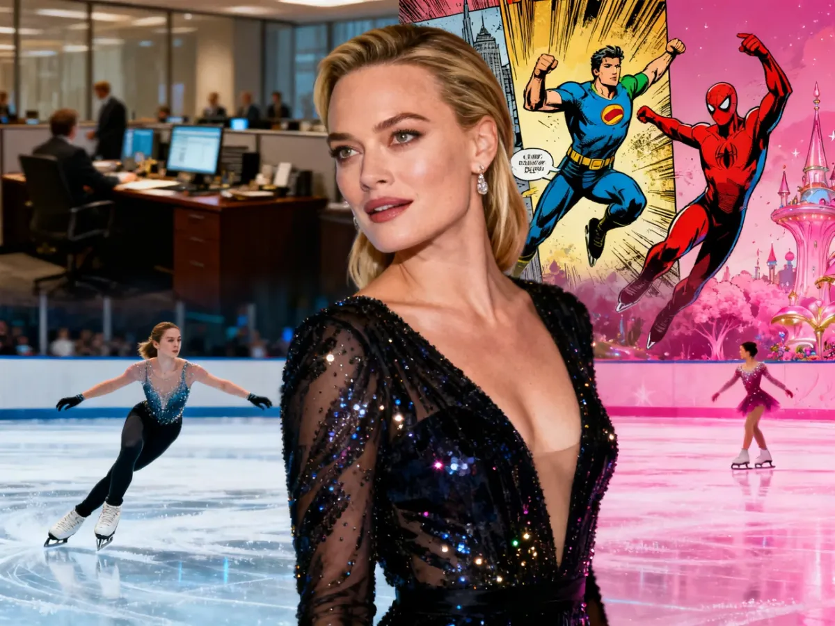 Margot Robbie przedstawiona na tle motywów symbolizujących różne etapy jej kariery filmowej