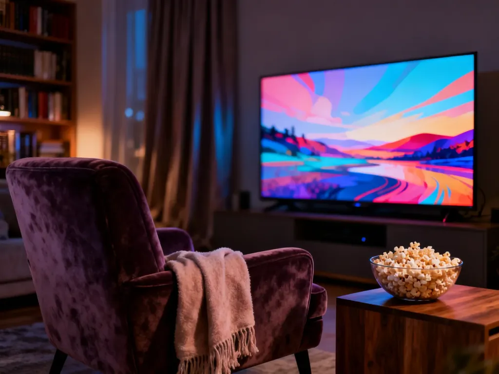 Przytulny salon z telewizorem i przekąskami, tworzący idealną atmosferę do wieczornego maratonu serialowego.