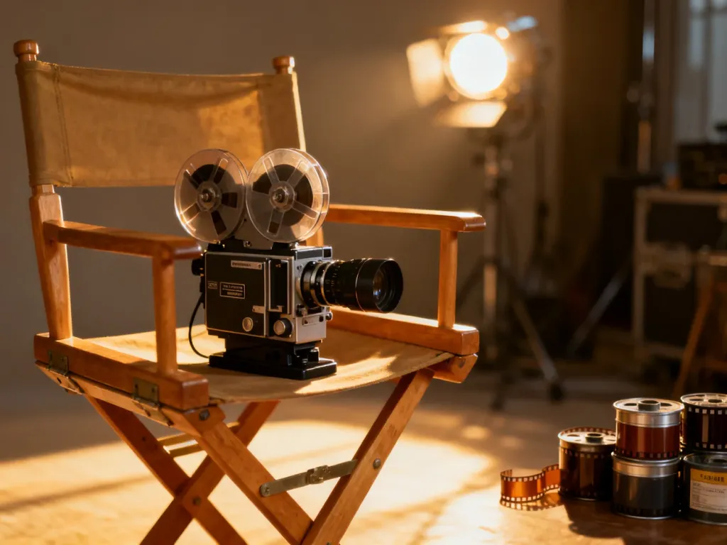 Profesjonalna kamera filmowa na reżyserskim krześle w studiu, podkreślająca filmowy klimat artykułu o twórczości Toma Hanksa.