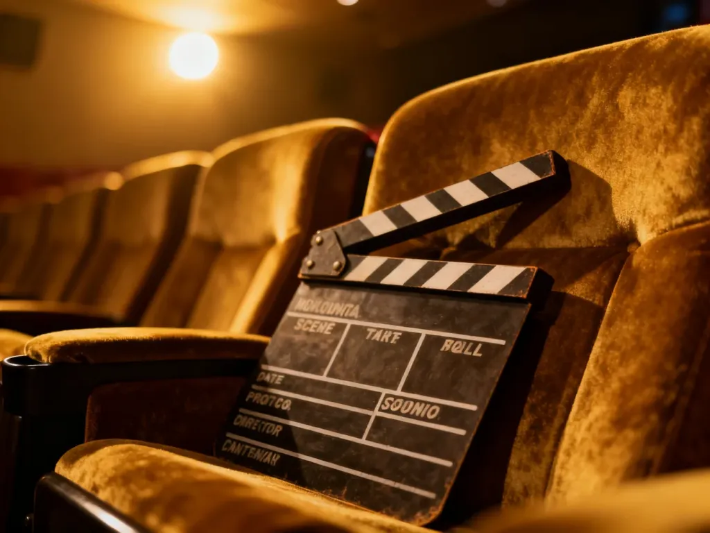 Klasyczny klaps filmowy na aksamitnym fotelu kinowym w nastrojowym oświetleniu, nawiązujący do świata wielkiego kina.