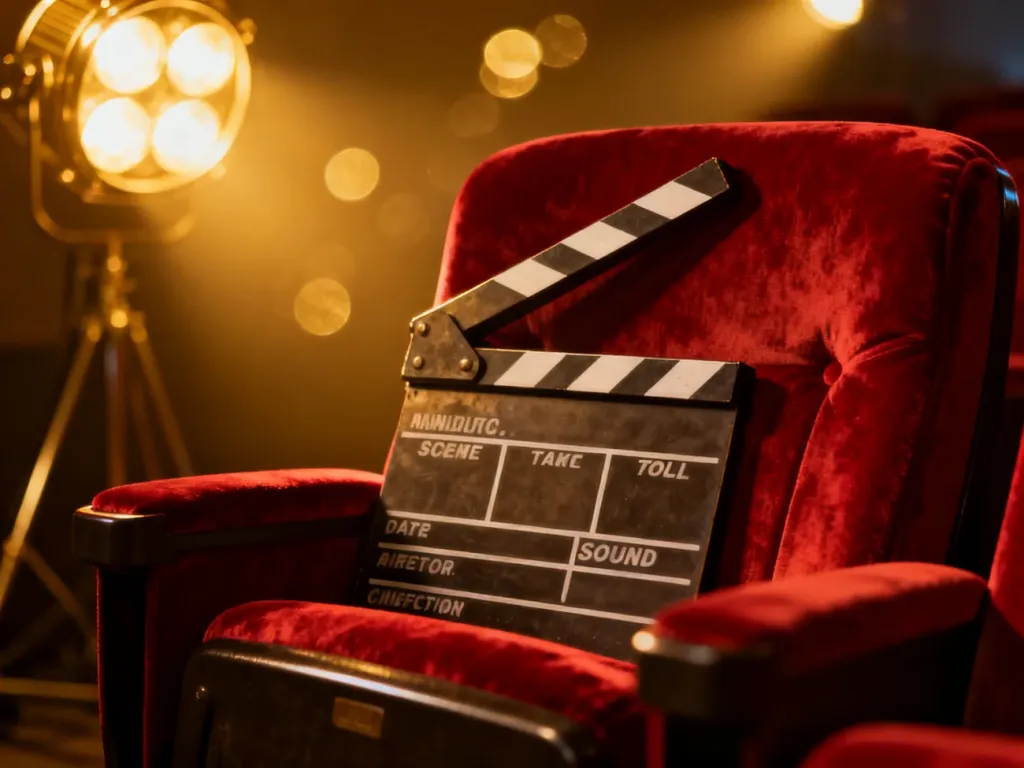Klapa filmowa na czerwonym fotelu kinowym, nawiązująca do klimatu klasycznego Hollywood i świata filmu.