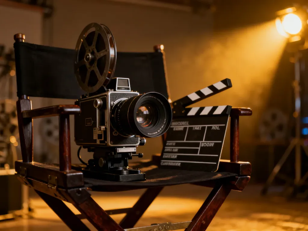 Profesjonalny aparat filmowy 35 mm i klaps na reżyserskim krześle w klimatycznym studiu filmowym.