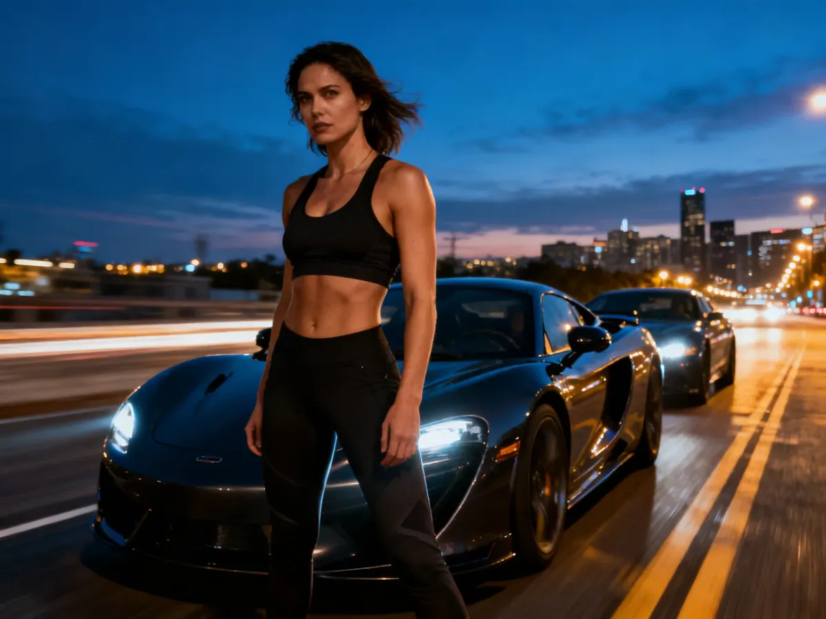 Gal Gadot jako agentka akcji na tle sportowych samochodów