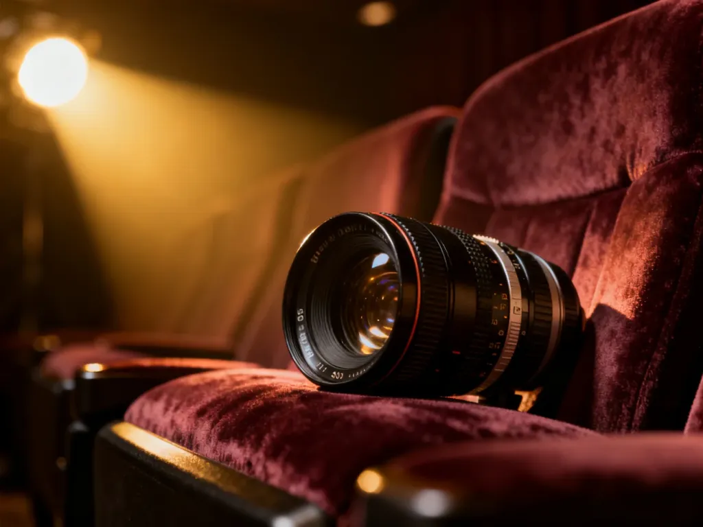 Obiektyw kamery filmowej na aksamitnym fotelu kinowym w ciepłym, hollywoodzkim świetle.