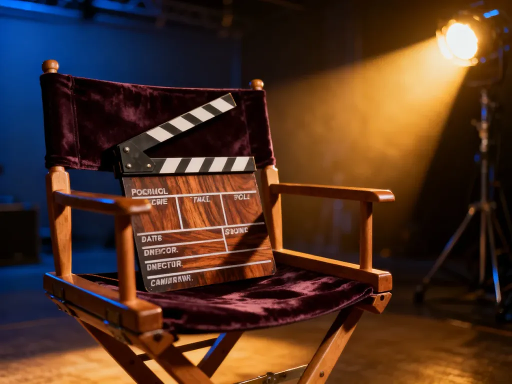 Profesjonalny klaps filmowy na krześle reżyserskim w klimatycznym studiu filmowym.