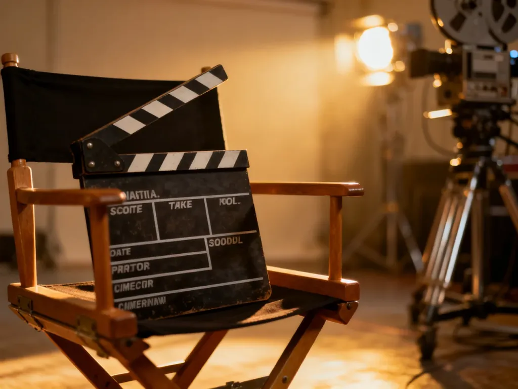 Profesjonalny klaps filmowy na krześle reżyserskim w studiu, symbolizujący karierę aktorską Gal Gadot.