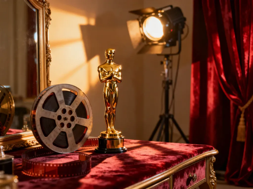 Złota statuetka filmowa i szpula taśmy 35mm na aksamitnym stole, nawiązujące do prestiżowych nagród w świecie kina.