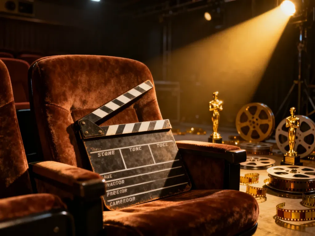 Klasyczny klaps filmowy na teatralnym fotelu w otoczeniu nagród i taśm filmowych, nawiązujący do kariery aktorskiej.