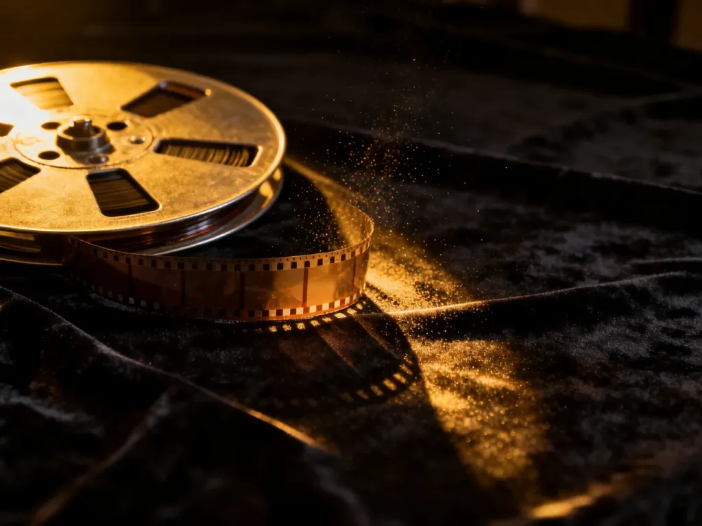 Szpula filmu 35mm na aksamitnym tle, budująca filmowy klimat w artykule o twórczości Cate Blanchett.