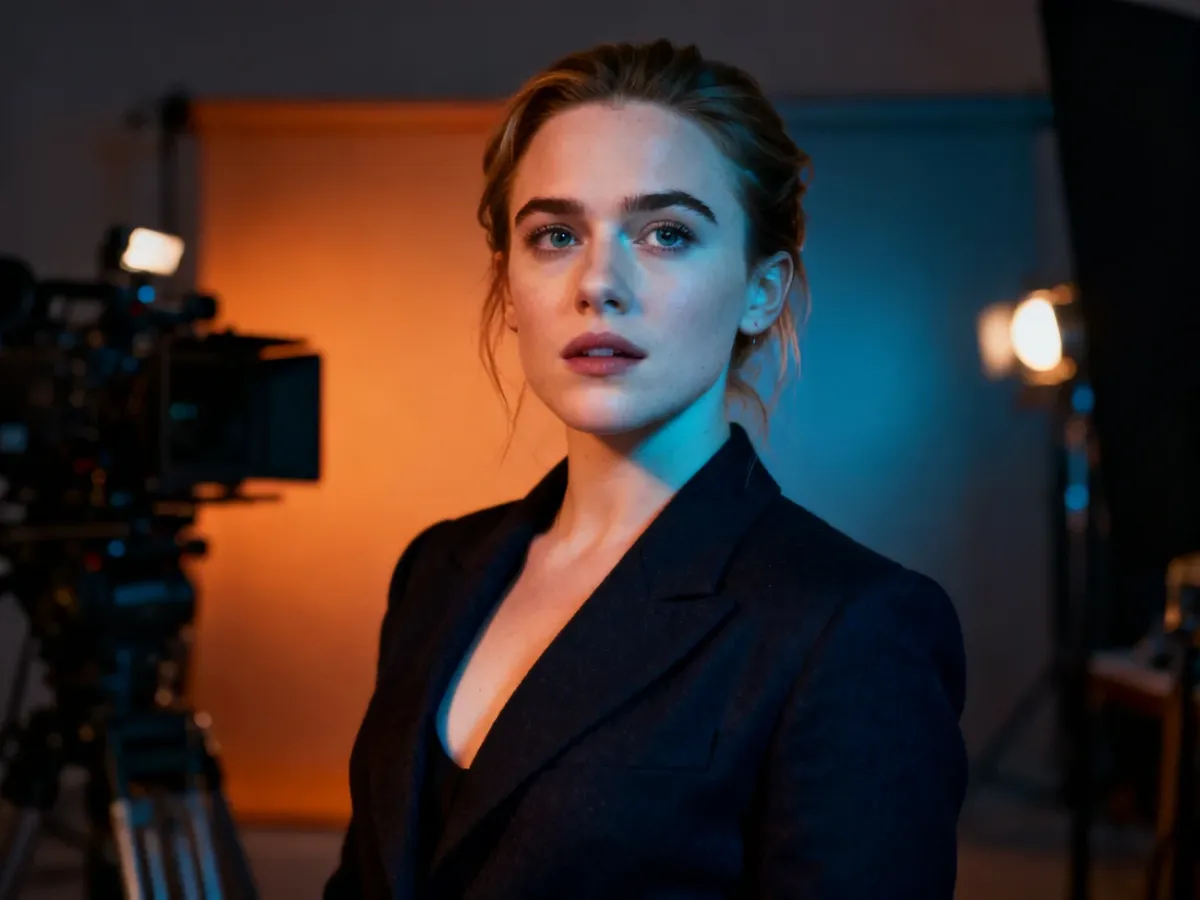 Portret Florence Pugh na tle symbolizującym różne etapy jej kariery aktorskiej