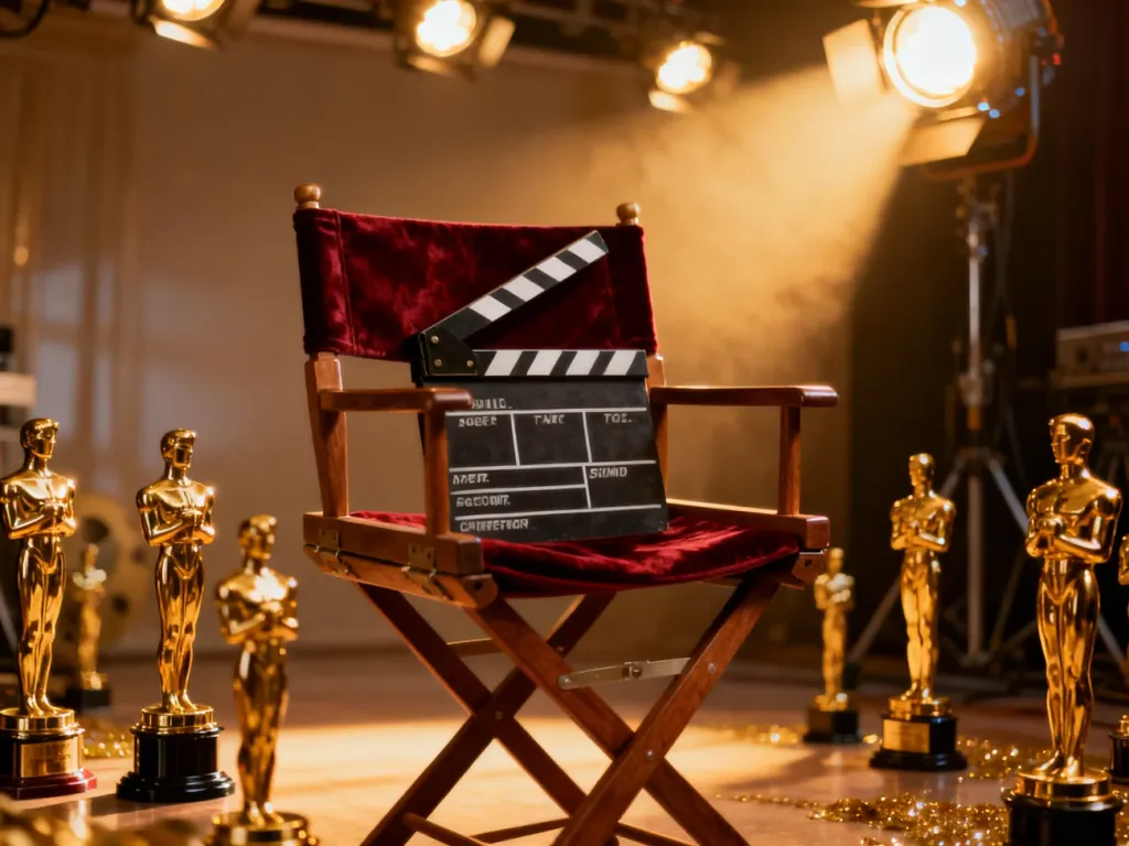 Klapa filmowa na reżyserskim krześle w otoczeniu złotych statuetek, nawiązująca do filmowego dorobku Reese Witherspoon.